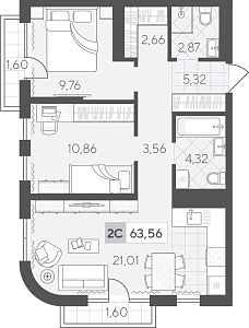 Планировка: Евротрешка 63.6 м² в ЖК Скандиа. Квартал в Комарово Парк, Комарово Парк