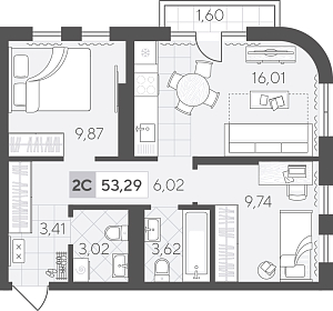 Планировка: Евротрешка 53.3 м² в ЖК Скандиа. Квартал в Комарово Парк, Комарово Парк