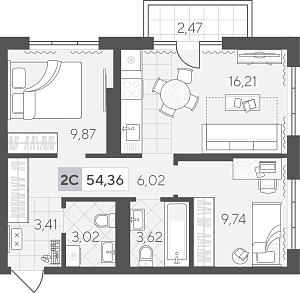 Планировка: Евротрешка 54.4 м² в ЖК Скандиа. Квартал в Комарово Парк, Комарово Парк