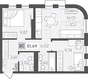 Планировка: Евротрешка 51.7 м² в ЖК Скандиа. Квартал в Комарово Парк, Комарово Парк