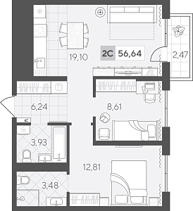 Планировка: Евротрешка 56.6 м² в ЖК Скандиа. Квартал в Комарово Парк, Комарово Парк
