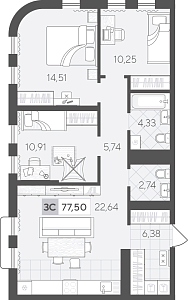 Планировка: 4-комнатная евро 77.5 м² в ЖК Скандиа. Квартал в Комарово Парк, Комарово Парк