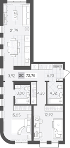 Планировка: Евротрешка 72.8 м² в ЖК Скандиа. Квартал в Комарово Парк, Комарово Парк