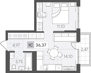 Планировка: Евродвушка 36.4 м² в ЖК Скандиа. Квартал в Комарово Парк, Комарово Парк