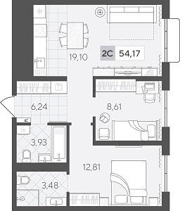 Планировка: Евротрешка 54.2 м² в ЖК Скандиа. Квартал в Комарово Парк, Комарово Парк