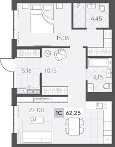 Планировка: Евродвушка 62.2 м² в ЖК Скандиа. Квартал в Комарово Парк, Комарово Парк