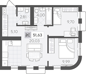 Планировка: Евротрешка 51.6 м² в ЖК Скандиа. Квартал в Комарово Парк, Комарово Парк