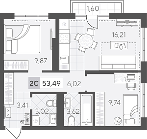 Планировка: Евротрешка 53.5 м² в ЖК Скандиа. Квартал в Комарово Парк, Комарово Парк