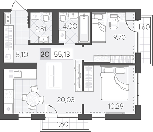 Планировка: Евротрешка 55.1 м² в ЖК Скандиа. Квартал в Комарово Парк, Комарово Парк