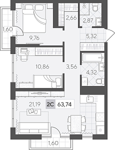 Планировка: Евротрешка 63.7 м² в ЖК Скандиа. Квартал в Комарово Парк, Комарово Парк