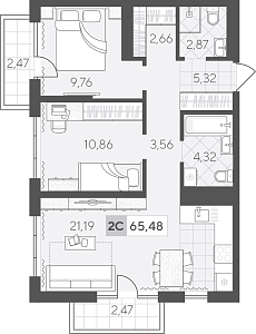 Планировка: Евротрешка 65.5 м² в ЖК Скандиа. Квартал в Комарово Парк, Комарово Парк