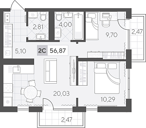 Планировка: Евротрешка 56.9 м² в ЖК Скандиа. Квартал в Комарово Парк, Комарово Парк