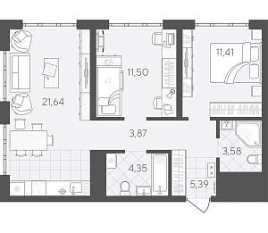 Планировка: Евротрешка 61.7 м² в ЖК Скандиа. Квартал в Слободе, Тюменская слобода