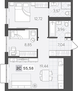 Планировка: Евротрешка 55.6 м² в ЖК Скандиа. Квартал в Комарово Парк, Комарово Парк