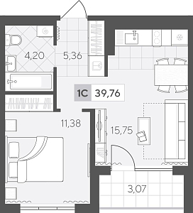 Планировка: Евродвушка 39.8 м² в ЖК Скандиа. Квартал у озера, Лесобаза