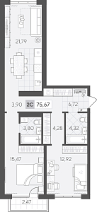 Планировка: Евротрешка 75.7 м² в ЖК Скандиа. Квартал в Комарово Парк, Комарово Парк