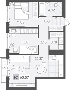 Планировка: Евротрешка 63.6 м² в ЖК Скандиа. Квартал в Комарово Парк, Комарово Парк